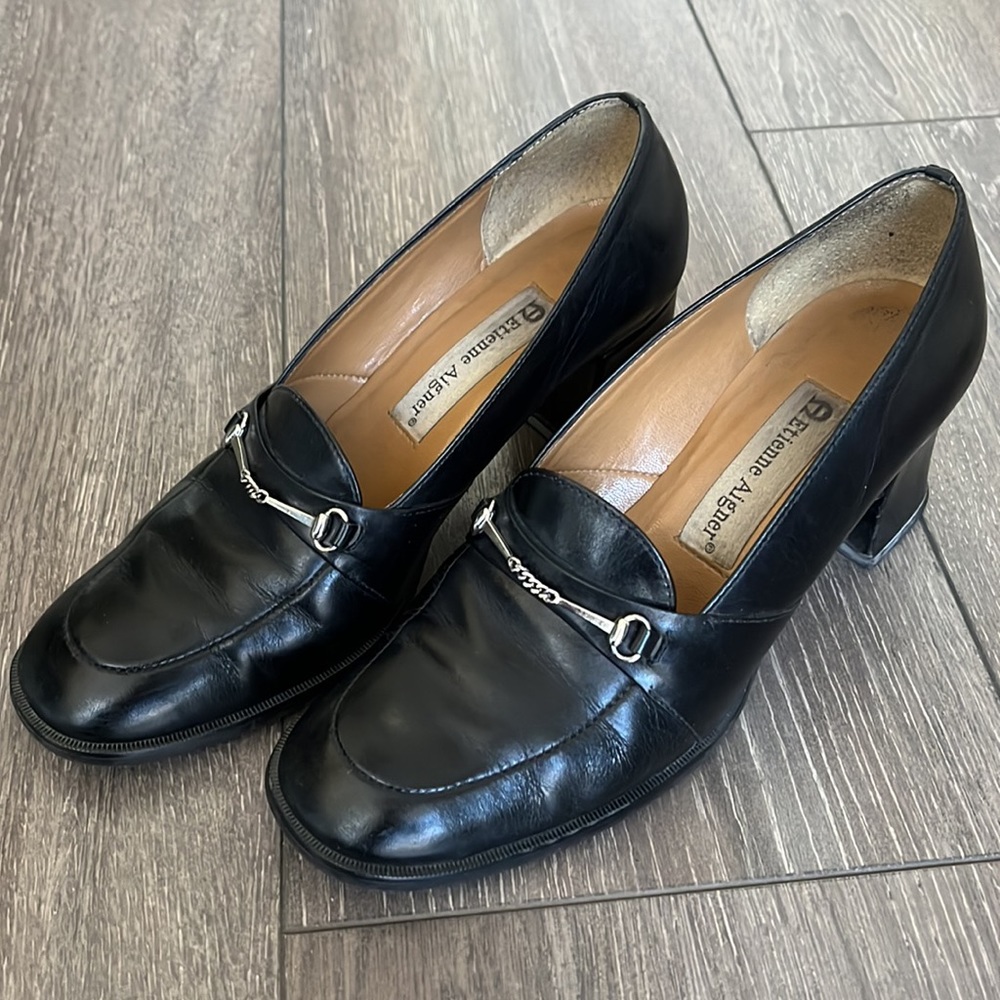 Black leather heels - silver buckle square toe